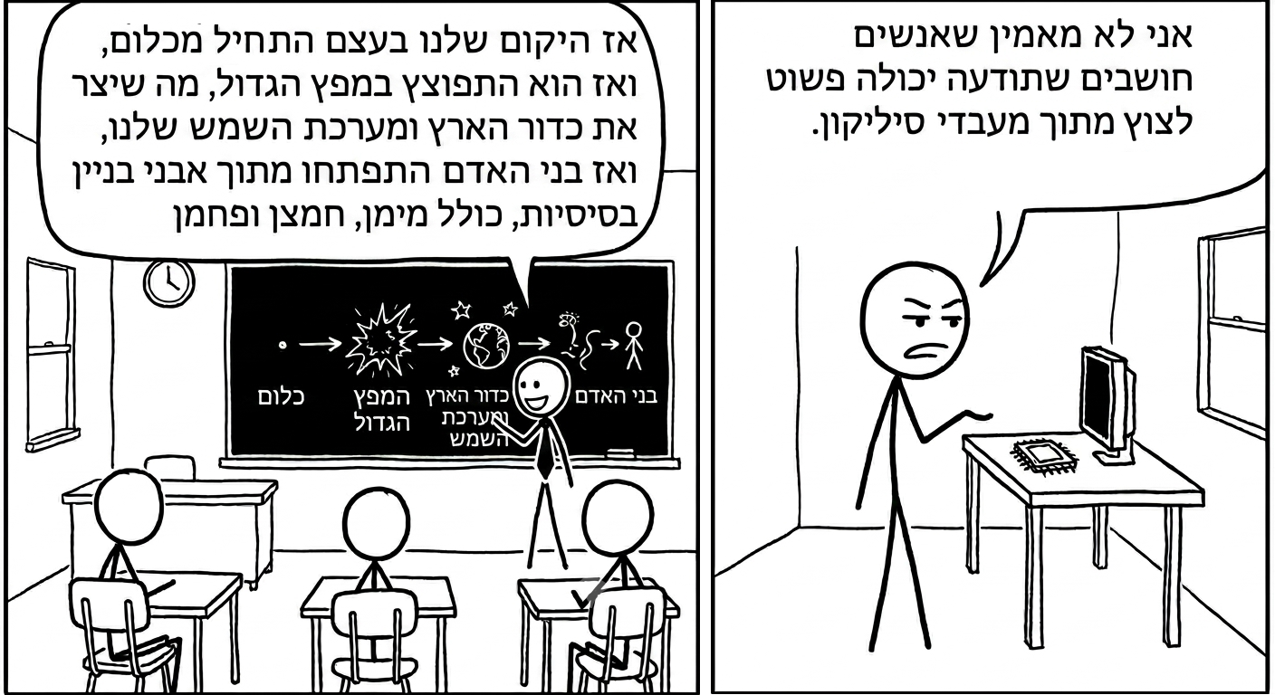קומיקס: לועגים לרעיון שתודעה תצוץ ממעבדי סיליקון, אבל מקבלים שהיא צצה ממפץ גדול ומיסודות בסיסיים