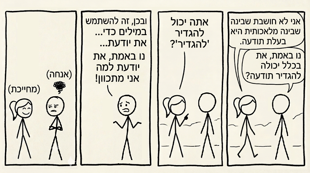 קומיקס: 'אתה יכול בכלל להגדיר תודעה?' / 'אתה יכול להגדיר מהי הגדרה?'